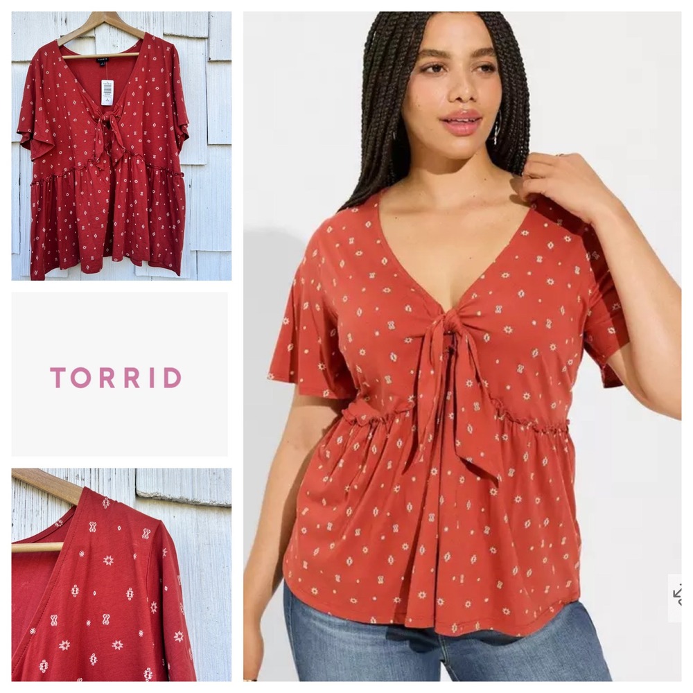 Torrid‎ Womens Plus Size 2X  Red Geometric Tie Front Peplum Top